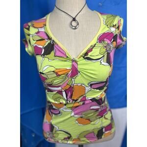 Kay Celine Green And Pink Floral V Neck Y2K 90/“s Vibes Size XL